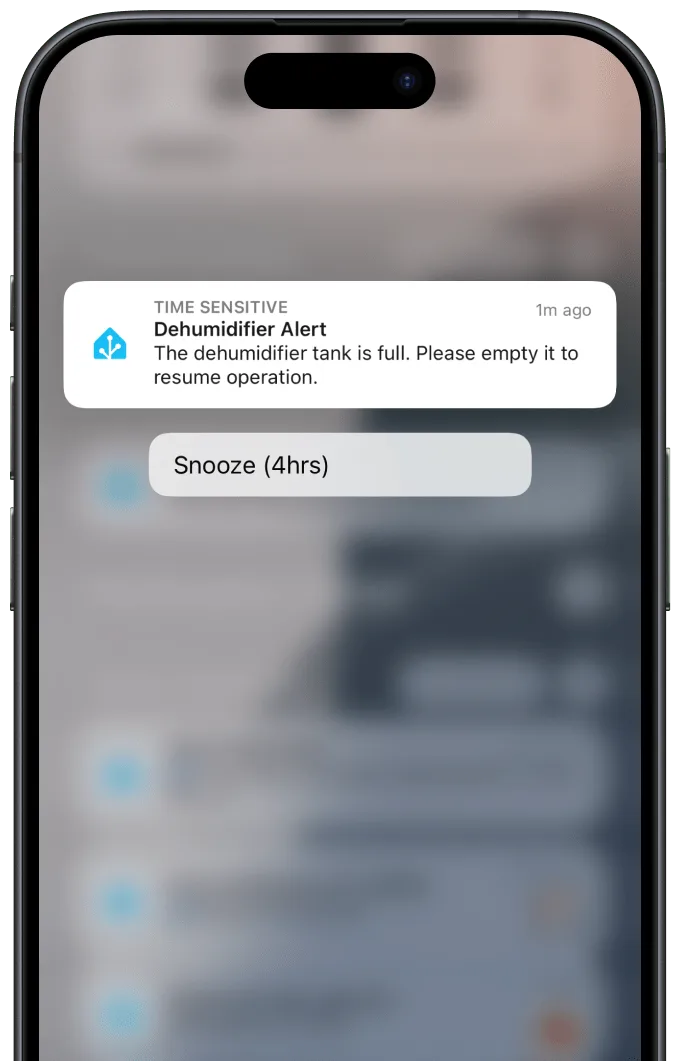 Snoozable dehumidifier notification with inline actions