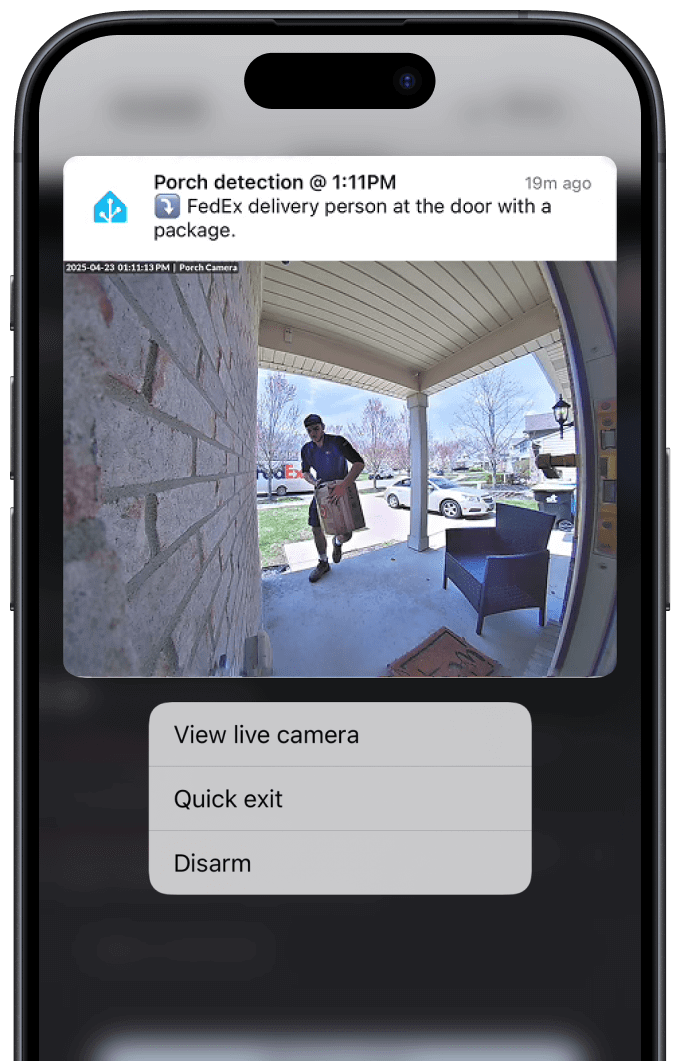 Porch detection notification with camera snapshot and AI description